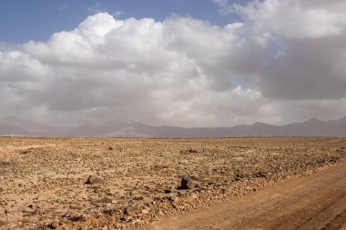 Bir sürü taş ve kayayla kumlu toprağın sarıdan kahverengiye rengi. Adanın merkezinde plato var. Los Molinos, Fuerteventura, Kanarya Adaları, İspanya.