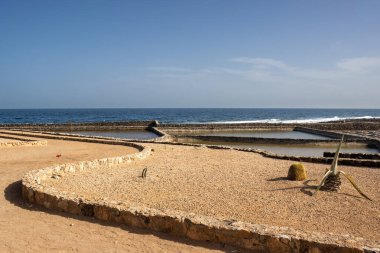 Atlantik Okyanusu kıyısındaki tuzu geleneksel üretim yolu müzesi. Açık bulutlu parlak mavi gökyüzü. Salinas del Carmen, Fuerteventura, Kanarya Adaları, İspanya.