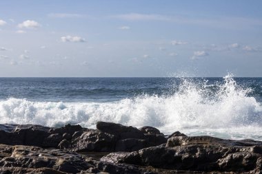 Atlantik Okyanusu kıyısında kayalık bir sahil. Kışın sakin su. Mavi gökyüzü ve ışık bulutları. Aquas Verdes, Playa del Valle, Fuerteventura, Kanarya Adaları, İspanya.