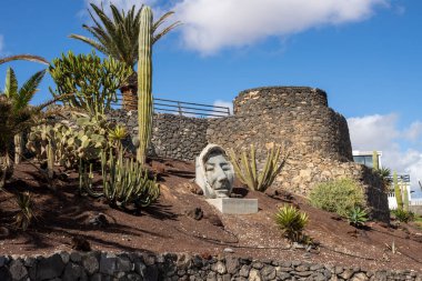 Fabrica de Callao de los Pozos parkında yetişen çeşitli kaktüsler. Bir yüz heykeli. Atlantik Okyanusu kıyısında. Parlak mavi gökyüzü. Puerto del Rosario, Fuerteventura, Kanarya Adaları, İspanya