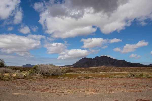 Country with volcanic mountains and a dry desert land. Blue sky with white clouds. Area of Pozo Negro, Fuertventura, Spain.