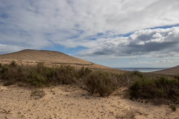Area in the south of the island, with hills and deserted land. Atlantic ocean in the background. Blue sky with white clouds. Costa Calma, Fuerteventura, Canary Islands, Spain.