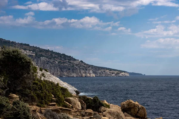Calma Mar Tracio Mediterráneo Roca Cubierta Aceitunas Otros Arbustos Árboles —  Fotos de Stock