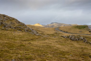 Dağların dramatik ve vahşi güzelliği ve otlar, yosunlar ve yosunlarla kaplı sakin otlaklar. Sonbaharda bulutlu bir gökyüzü. Vik, İzlanda.