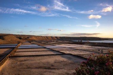 Photogenic industry: salt pans on the coast of the Atlantic ocean. Traditional way to extract the salt from the sea water. Blue sky with some clouds. Salinas de Janubio, Lanzarote, Canary Islands, Spain.