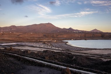 Photogenic industry: salt pans on the coast of the Atlantic ocean. Traditional way to extract the salt from the sea water. Blue sky with some clouds. Salinas de Janubio, Lanzarote, Canary Islands, Spain.
