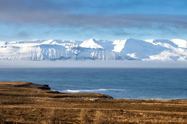 Sarı sonbahar otları tarlalarda ve otlaklarda. Atlantik Okyanusu hattı. Ufuktaki görkemli dağlar, karla kaplı. Güneşli bir günde bulutlu mavi gökyüzü. Nordausturvegur, Kuzey İzlanda.