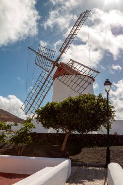 Parktaki geleneksel yel değirmeninin beyaz yüzü. Kışın beyaz bulutlu mavi gökyüzü. Teguise, Lanzarote, Kanarya Adaları, İspanya.