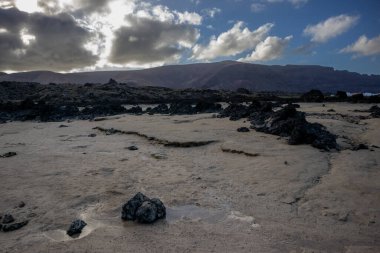 Adanın kuzeydoğusundaki plajda lav kayaları, beyaz kum ve Atlantik Okyanusu 'nun sığ suları var. Beyaz bulutlu mavi gökyüzü. Playa de Caleton Blanco, Lanzarote, Kanarya Adaları, İspanya.