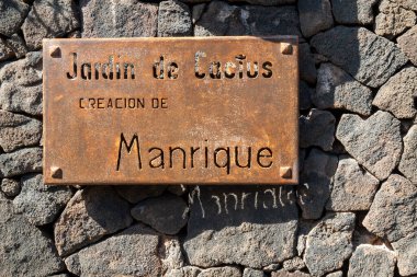 Süslü paslı tahta: Manrique tarafından yaratılan kaktüs bahçesi. Taş duvarda ters gölge var. Guatiza, Lanzarote, Kanarya Adası, İspanya.