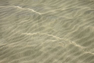 Akdeniz 'in suyu. Görünürde kumlu bir taban var. Güneş ışığını yansıtan ışık dalgaları. Djerba Adası, Tunus, Afrika.
