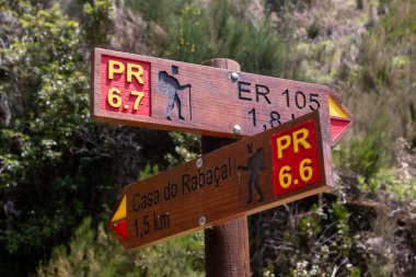 Yürüyüşün hedefinin yönünü gösteren tahta bir kolon. Levada das 25 fontes Rabacal, Paul da Serra, Madeira, Portekiz.