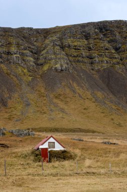 Devasa bir dağın altında kırmızı çatılı çok küçük bir ev. Sonbaharda kısmen yeşil çimenler. Bulutlu gökyüzü. Narfeyri, Batı İzlanda, Snaefellsnes Yarımadası.