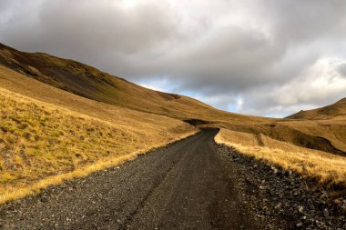 Sonbaharda kadife bir yüzeye sahip olan volkanik kayalar ve dağlar, sarı yosun, liken ve çimenler sayesinde. Beyaz bulutlu mavi gökyüzü. Katla geopark, İzlanda.