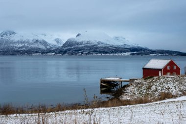 Sonbahar sonu ülkesi, karla kaplı. Norveç Denizi 'nin (Arktik Okyanusu) suyu, bulutlu mavi gökyüzünü yansıtır. Sahildeki kırmızı ev. Harstad, Norveç.