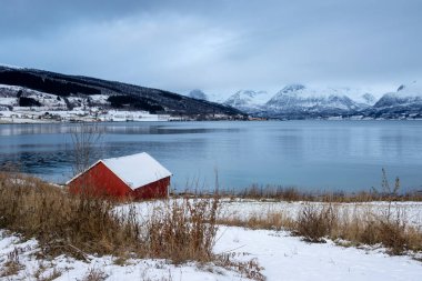 Sonbahar sonu ülkesi, karla kaplı. Norveç Denizi 'nin (Arktik Okyanusu) suyu, bulutlu mavi gökyüzünü yansıtır. Sahildeki kırmızı ev. Harstad, Norveç.