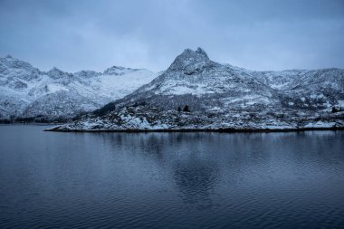 Norveç Denizi kıyısında. Arka planda dağlar. Karla kaplı topraklar. Sonbaharın sonunda bulutlu bir gökyüzü. Svolvaer, Norveç.