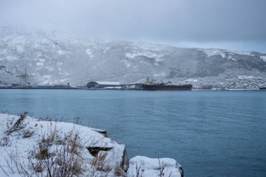 Norveç denizinin mavi suları. Limanı ve büyük bir teknesi olan körfez. Arka planda ormanla kaplı dağlar. Kar yağarken taze kar. Narvik, Norveç.
