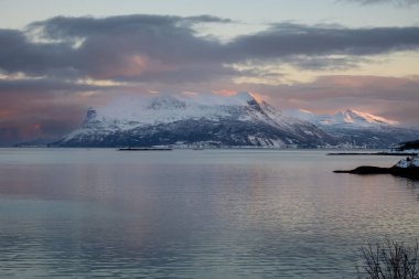 Norveç denizinin sakin suları. Sonbaharın sonlarında kısa bir günün doğuşunda pembe gökyüzünün yansıması. Arka planda dağlar. Bulutlu gökyüzü. Fylkesvei 825, Grovfjord, Norveç.