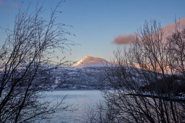 Dağlar Norveç Denizi 'nin sakin suyuyla kaplı. Kısa bir kutup gününün yüzeyinde ve günbatımında renkli bulutlar. Grovfjord, Norveç.