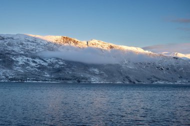 Majestic mountains covered by snow, lining the calm water of a fjord (Norwegian sea). Sunshine and a blue sky with light pink clouds in a sunrise/sunset of a short day. Gratangen, Norway. clipart