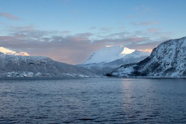 Karla kaplı görkemli dağlar, bir fiyordun (Norveç denizi) sakin suyunu kaplar. Güneş ışığı ve açık pembe bulutlu mavi bir gökyüzü. Kısa bir günün gündoğumu / batımında. Gratangen, Norveç.