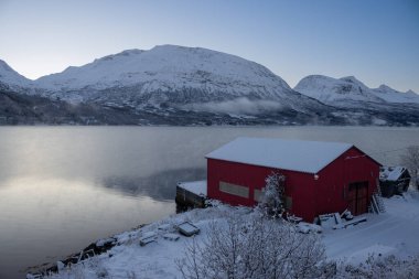 Fiyort (Norveç denizi) kıyısında geleneksel kırmızı kulübe. Arka planda karla kaplı görkemli bir dağ. Parlak gökyüzü. Tennevoll, Norveç.