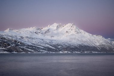 Fiyort suyu (Norveç denizi). Arkasında kar olan dağ. Sonbaharın sonlarında kısa bir kutup gününün günbatımında açık pembe gökyüzü. Tennevoll, Norveç.