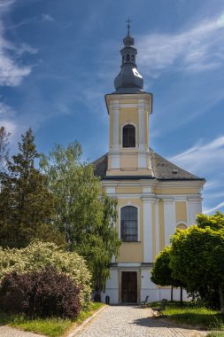 White-yellow facade of a Church of Saint Bartholomew. Tower with cross. Blue sky with white clouds. Fresh greenery infront. Zabreh, Moravia (Morava), Czech republic. clipart