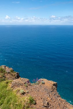 Kayalıklar ve Atlantik Okyanusu. Bahar mevsiminde doğa. Açık beyaz bulutlu mavi gökyüzü. Ponta do Pargo, Madeira, Portekiz.