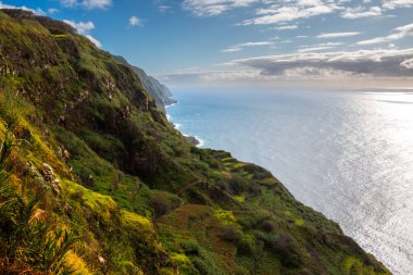 Dağların ve kayalıkların yüzeyini kaplayan vahşi doğa. Atlantik Okyanusu manzarası. Beyaz bulutlu mavi gökyüzü. Santa Maria Magdalena, Madeira, Portekiz.