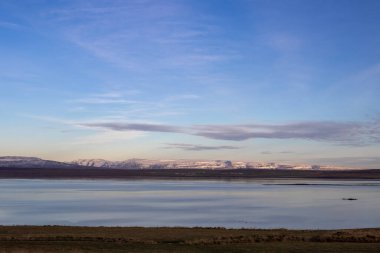 Atlantik 'in fiyortlarının sakin sularında sonbahar otlaklarından bir görüntü. Ufukta karlı dağlar. Mavi gökyüzü ve ışık bulutları. İzlanda 'nın kuzeyi.