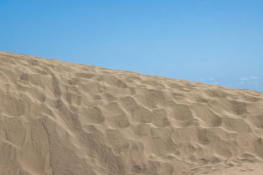 Kışın altın kum tepeleri ve mavi bir gökyüzü. Dunas de Maspalomas, San Bartolome de Tirajana, Las Palmas, Gran Canaria, Kanarya Adaları, İspanya.