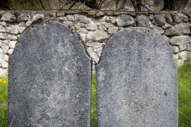 Bahar taze doğasıyla çevrili terk edilmiş küçük bir Yahudi mezarlığında eski, yıpranmış taş bir mezar taşı. Trstin, Slovakya Cumhuriyeti.