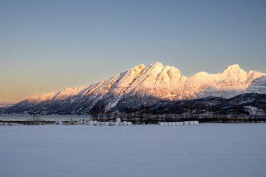 Arka planda doğa ve yüksek dağlar, sonbaharın sonlarında her şey karla kaplıydı. Güneş doğarken renkli kar yağar. Mavi gökyüzü. Hamnvik, Norveç.
