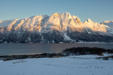 Arka planda doğa ve yüksek dağlar, sonbaharın sonlarında her şey karla kaplıydı. Norveç denizinin sakin suları. Güneş doğarken gökyüzü rengarenk. Mavi gökyüzü. Hamnvik, Norveç.