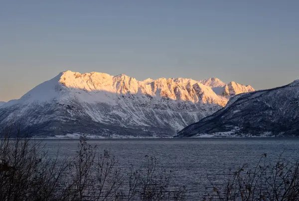 Arka planda doğa ve yüksek dağlar, sonbaharın sonlarında her şey karla kaplıydı. Norveç denizinin sakin suları. Güneş doğarken altın tepeler. Mavi gökyüzü. Hamnvik, Norveç.