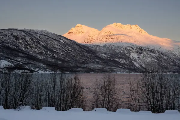 Arka planda doğa ve yüksek dağlar, sonbaharın sonlarında her şey karla kaplıydı. Norveç denizinin sakin suları. Güneş doğarken altın tepeler. Mavi gökyüzü. Hamnvik, Norveç.