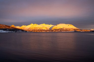 Norveç denizinin sakin suları. Karla kaplı dağlar, kutup gündoğumunda parlak sarı renkler. Renkli gökyüzü. Harstad, Norveç.