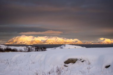Karla kaplı topraklar. Norveç denizinin sakin karanlık suları. Ufukta karlı dağlar. Güneşin doğuşunda renkli bulutlu bir gökyüzü. Tjeldevika, Grytoya, Norveç.