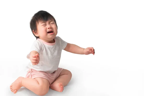 Liten Asiatisk Flicka Gråter Olyckliga Barn Har Ledsen Isolera Vit Stockfoto