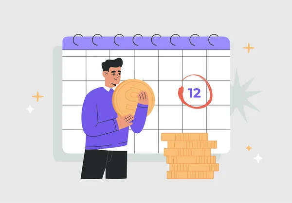 Payment Calendar Deadline Reminder Man Holding Big Coin Regular Monthly — Stock Vector