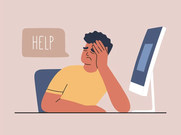 Homem Cansado Exausto Computador Sobrecarregado Pedir Ajuda Stress Burnout Trabalho —  Vetores de Stock