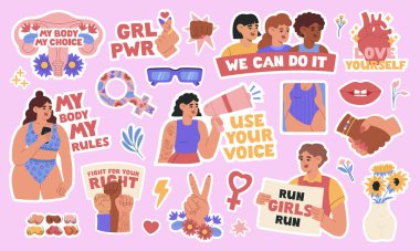Motivasyon alıntıları olan bir dizi feminist ve pozitif etiket. Kadınların güçlendirilmesi, kız gücü, kendini kabullenme, cinsiyet eşitliği. Pembe arka planda izole edilmiş vektör çizimi. Düz çizgi film biçimi