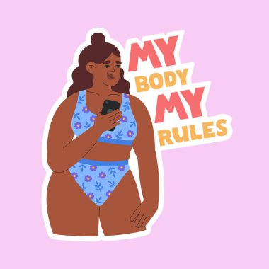 Ayrıca bikinili, telefonlu, siyah tenli bir kız. Vücuduma benim kurallarımı yazıyor. Feminist çıkartması. Vücut pozitif konsept. El çizimi vektör çizimi pembe arka planda izole edildi. Düz çizgi film biçimi.