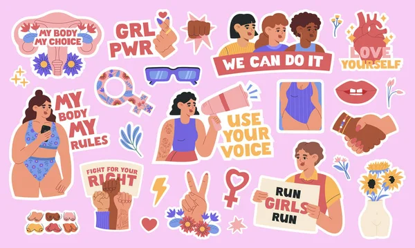 一套带有动机引语的女权主义者和身体正面贴纸 赋予妇女权力 女童权力 自我接受 两性平等 在粉红色背景上孤立的向量图 平面卡通风格 — 图库矢量图片