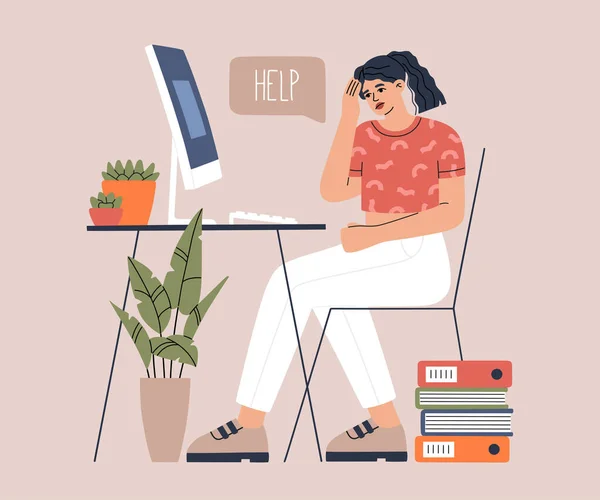Lelah Lelah Wanita Duduk Meja Dengan Komputer Gadis Bekerja Terlalu - Stok Vektor