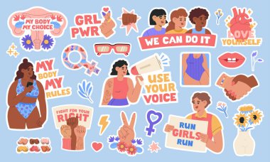 Feminist ve vücuttan oluşan kız gücü seti. Motivasyon alıntıları olan pozitif çıkartmalar. Kadınların güçlenmesi, kendini kabullenme, cinsiyet eşitliği. Mavi arkaplanda vektör illüstrasyonu izole edildi. Düz çizgi film biçimi