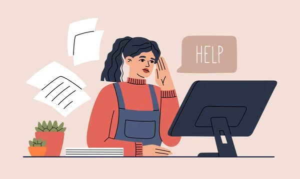 Mulher Cansada Exausta Computador Sobrecarregado Pedir Ajuda Stress Burnout Trabalho —  Vetores de Stock