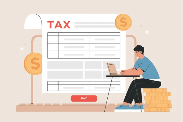 Podnikatel Vyplnění Daňového Formuláře Pomocí Internetu Online Systém Pro Odesílání — Stockový vektor